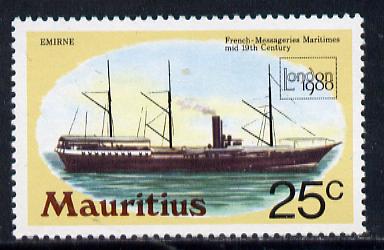 Mauritius 1980 Mail Ship 'London 1980' 25c with wmk sideways inverted unmounted mint (SG 592Ei), stamps on postal  ships