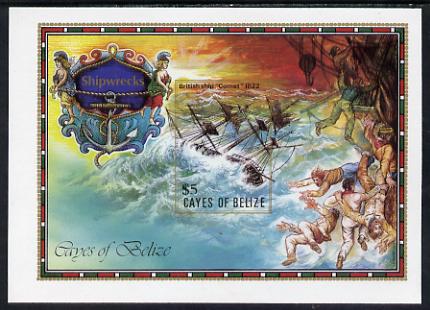 Cayes of Belize 1985 The Comet (Shipwrecks) $5 unmounted mint imperf m/sheet , stamps on ships, stamps on shipwrecks, stamps on disaster, stamps on rescue, stamps on figureheads