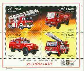 Vietnam 2000 Fire Engines perf sheetlet containing set of 4 values, stamps on fire