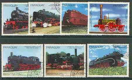 Paraguay 1985 150th Anniversary of German Railways (1st issue) set of 7 very fine cto used, stamps on railways