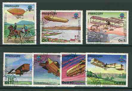 Paraguay 1984 Bicentenary of manned Flight set of 7 very fine cto used, stamps on aviation, stamps on balloonsairships, stamps on zeppelins, stamps on airships