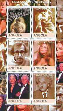 Angola 2000 Legends of the 20th Century perf sheetlet containing 6 values (Houdini, Spielberg, Woody Allen, Strisand, Kirk Douglas & Einstein) unmounted mint, stamps on personalities, stamps on entertainments, stamps on films, stamps on cinema, stamps on einstein, stamps on science, stamps on nobel, stamps on physics, stamps on judaica, stamps on masonics, stamps on millennium, stamps on personalities, stamps on einstein, stamps on science, stamps on physics, stamps on nobel, stamps on maths, stamps on space, stamps on judaica, stamps on atomics, stamps on masonry