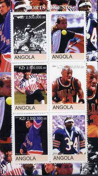 Angola 2000 Sports Legends perf sheetlet containing 6 values (Steffi Graf, M Jordan, Joe DiMaggio, W Paxton, W Gretsky & P Stewart) unmounted mint, stamps on personalities, stamps on sport, stamps on tennis, stamps on basketball, stamps on baseball