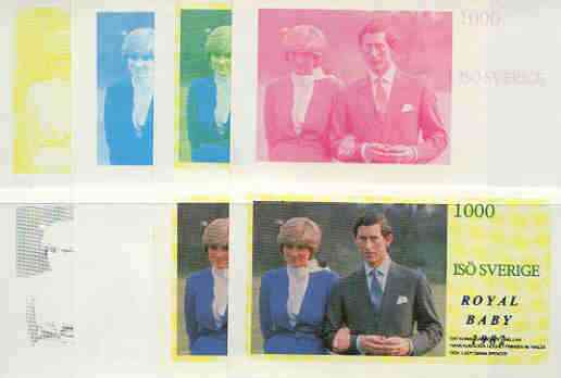 Iso - Sweden 1982 Royal Baby opt on Royal Wedding 1000 deluxe sheet (Charles & Di), the set of 8 imperf progressive proofs comprising the individual colours plus various ..., stamps on charles, stamps on diana, stamps on royalty, stamps on william, stamps on  iso , stamps on 