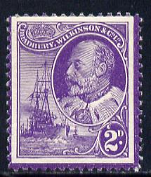 Cinderella - Great Britain Bradbury Wilkinson perforated dummy 2d stamp in purple on gummed paper depicting King Edward VII & Naval Destroyer, minor wrinkles but unmounte..., stamps on royalty, stamps on ships, stamps on cinderella, stamps on  ke7 , stamps on 