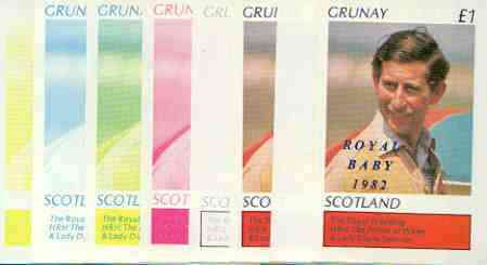 Grunay 1982 Royal Baby opt on Royal Wedding \A31 souvenir sheet (Charles) the set of 8  imperf progressive colour proofs comprising single colours and various colour combinations incl completed design unmounted mint, stamps on charles, stamps on royalty, stamps on william