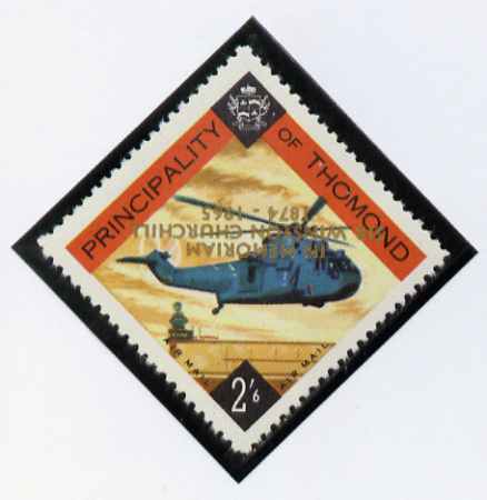 Thomond 1965 Helicopter 2s6d (Diamond shaped) with Sir Winston Churchill - In Memorium overprint in gold with opt inverted* unmounted mint, stamps on aviation, stamps on churchill, stamps on helicopters