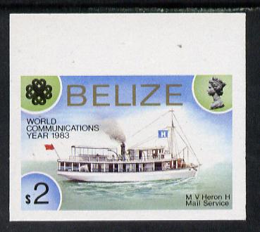 Belize 1983 World Communications $2 MV Heron Mail Ship in unmounted mint imperf marginal single (as SG 753), stamps on communications    ships