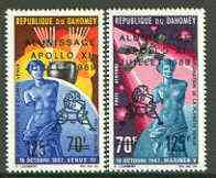 Dahomey 1969 First Man on the Moon (1st issue) surcharged set of 2 unmounted mint, SG 371-72*, stamps on space, stamps on apollo, stamps on venus, stamps on sculpture, stamps on statue