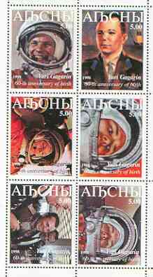 Abkhazia 1999 Yuri Gagarin perf sheetlet containing 6 values unmounted mint, stamps on space, stamps on gagarin, stamps on personalities