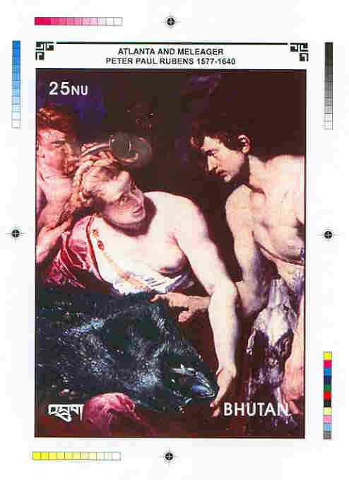 Bhutan 1991 Death Anniversary of Peter Paul Rubens Intermediate stage computer-generated artwork for 25nu m/sheet (Atlanta and Meleager), magnificent item ex Government archives (135 x 198 mm) as Sc 992, stamps on arts, stamps on rubens, stamps on mythology, stamps on ancient greece, stamps on renaissance
