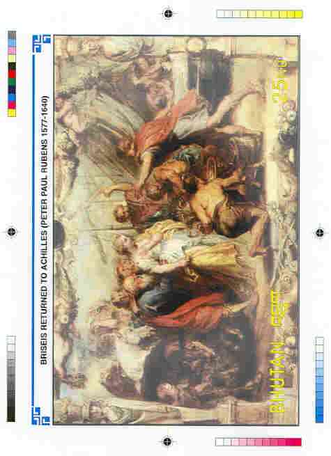 Bhutan 1991 Death Anniversary of Peter Paul Rubens Intermediate stage computer-generated artwork for 25nu m/sheet (Briseis Returned to Achilles), magnificent item ex Gove..., stamps on arts, stamps on rubens, stamps on mythology, stamps on ancient greece, stamps on renaissance