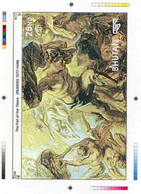 Bhutan 1991 Death Anniversary of Peter Paul Rubens Intermediate stage computer-generated artwork for 25nu m/sheet (The Fall of the Titans), magnificent item ex Government..., stamps on arts, stamps on rubens, stamps on mythology, stamps on ancient greece, stamps on renaissance