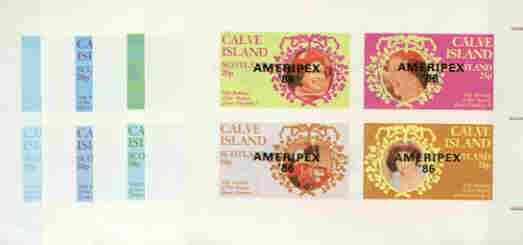 Calve Island 1986 Queens 60th Birthday imperf sheetlet containing 4 values with AMERIPEX opt in black, set of 5 progressive proofs comprising single & various composite c..., stamps on royalty, stamps on 60th birthday, stamps on stamp exhibitions