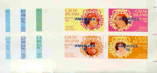 Calve Island 1986 Queens 60th Birthday imperf sheetlet containing 4 values with AMERIPEX opt in blue, set of 5 progressive proofs comprising single & various composite co..., stamps on royalty, stamps on 60th birthday, stamps on stamp exhibitions