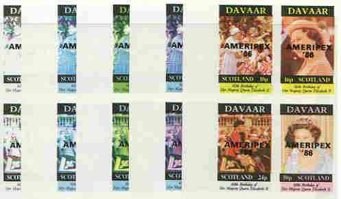 Davaar Island 1986 Queen's 60th Birthday imperf sheetlet containing 4 values with AMERIPEX opt in black, set of 5 progressive proofs comprising single & various composite combinations (20 proofs) unmounted mint, stamps on royalty, stamps on 60th birthday, stamps on stamp exhibitions