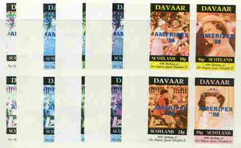 Davaar Island 1986 Queens 60th Birthday imperf sheetlet containing 4 values with AMERIPEX opt in blue, set of 5 progressive proofs comprising single & various composite c..., stamps on royalty, stamps on 60th birthday, stamps on stamp exhibitions