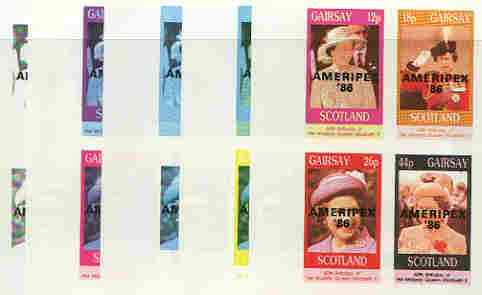 Gairsay 1986 Queens 60th Birthday imperf sheetlet containing 4 values with AMERIPEX opt in black, set of 5 progressive proofs comprising single & various composite combin..., stamps on royalty, stamps on 60th birthday, stamps on stamp exhibitions