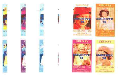 Grunay 1986 Queen's 60th Birthday imperf sheetlet containing 4 values with AMERIPEX opt in blue, set of 5 progressive proofs comprising single & various composite combinations (20 proofs) unmounted mint, stamps on royalty, stamps on 60th birthday, stamps on stamp exhibitions