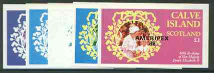 Calve Island 1986 Queens 60th Birthday imperf souvenir sheet (\A31 value) with AMERIPEX opt in black, set of 5 progressive proofs comprising single & various composite co..., stamps on royalty, stamps on 60th birthday, stamps on stamp exhibitions