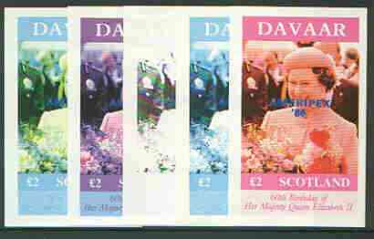 Davaar Island 1986 Queens 60th Birthday imperf deluxe sheet (\A32 value) with AMERIPEX opt in blue, set of 5 progressive proofs comprising single & various composite comb..., stamps on royalty, stamps on 60th birthday, stamps on stamp exhibitions
