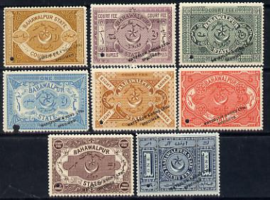 Bahawalpur 1900 Court Fee proof set of 8 values (1a to 10r) each opt'd 'Waterlow & Sons Ltd/ Specimen' and with small security puncture, unused without gum as issued, stamps on , stamps on  stamps on , stamps on  stamps on  law , stamps on  stamps on  qv , stamps on  stamps on cinderella