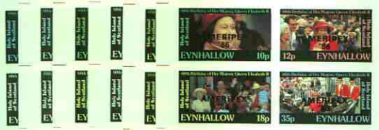 Eynhallow 1986 Queen's 60th Birthday imperf sheetlet containing set of 4 values each opt'd AMERIPEX '86 in black - the set of 6 progressive proofs comprising single & various composite combinations incl completed design (24 proofs) unmounted mint, stamps on royalty, stamps on 60th birthday, stamps on stamp exhibitions