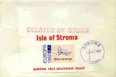 Stroma 1962 Europa imperf m/sheet 2s6d (Seal) on reverse of cover to London which bears the normal 3d UK inland rate.  Mini sheet endorsed with 'Delayed by Storm' handstamp in red. Note: I have several of these covers so the one you receive may be slightly different to the one illustrated, stamps on europa, stamps on animals, stamps on seals, stamps on polar, stamps on weather