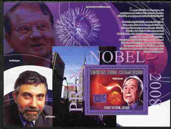 Comoro Islands 2009 Nobel Prize Winners of 2008 perf souvenir sheet unmounted mint, Michel BL 496, stamps on personalities, stamps on nobel, stamps on physics, stamps on science, stamps on chemistry, stamps on literature, stamps on medical, stamps on peace