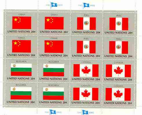 United Nations (NY) 1983 Flags of Member Nations #4 sheetlet of 16 containing flags of China, Peru, Bulgaria & Canada each in blocks of 4 unmounted mint, SG 419a, stamps on flags