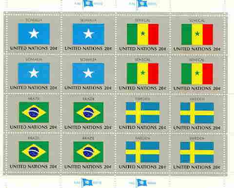 United Nations (NY) 1983 Flags of Member Nations #4 sheetlet of 16 containing flags of Somalia, Senegal, Brazil & Sweden each in blocks of 4 unmounted mint, SG 423a, stamps on flags