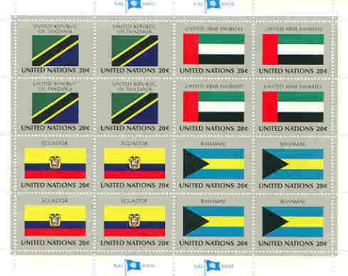 United Nations (NY) 1984 Flags of Member Nations #5 sheetlet of 16 containing flags of Tanzania, United Arab Emirates, Ecuador & Bahamas each in blocks of 4 unmounted min..., stamps on flags