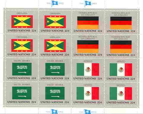 United Nations (NY) 1985 Flags of Member Nations #6 sheetlet of 16 containing flags of Grenada, Germany (Fed Rep), Saudi Arabia & Mexico each in blocks of 4 unmounted mint, SG 462a, stamps on flags