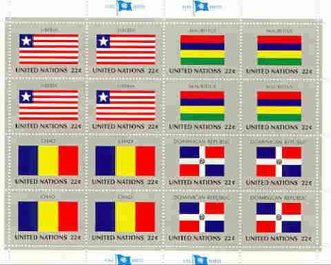 United Nations (NY) 1985 Flags of Member Nations #6 sheetlet of 16 containing flags of Liberia, Mauritius, Chad & Dominican Republic each in blocks of 4 unmounted mint, S..., stamps on flags