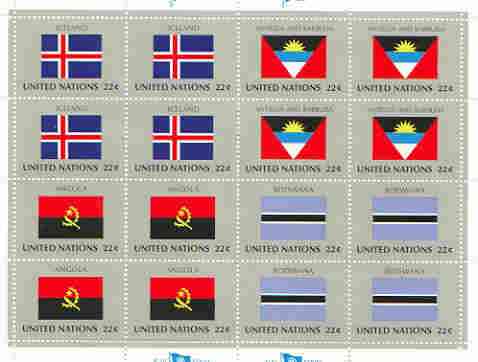 United Nations (NY) 1986 Flags of Member Nations #7 sheetlet of 16 containing flags of Iceland, Antigua and Barbuda,Angola & Botswana each in blocks of 4 unmounted mint, ..., stamps on flags
