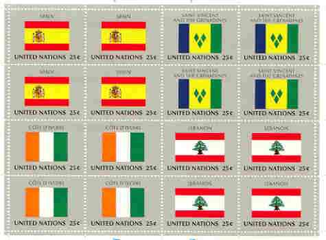 United Nations (NY) 1988 Flags of Member Nations #9 sheetlet of 16 containing flags of Spain, St Vincent, Ivory Coast & Lebanon each in blocks of 4 unmounted mint, SG 540..., stamps on flags