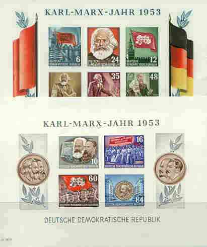 Germany - East 1953 Death Anniversary of Karl Marx set of 2 imperf m/sheets unmounted mint, SG MS E111b, stamps on , stamps on  stamps on personalities, stamps on constitutions, stamps on marx