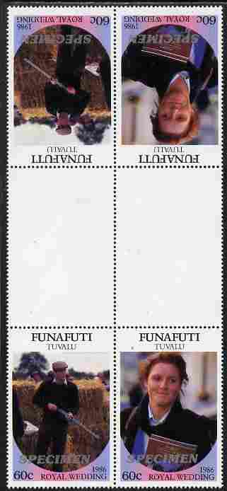 Tuvalu - Funafuti 1986 Royal Wedding (Andrew & Fergie) 60c perf tete-beche inter-paneau gutter block of 4 (2 se-tenant pairs) overprinted SPECIMEN in silver (Italic caps ..., stamps on royalty, stamps on andrew, stamps on fergie, stamps on 