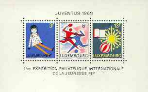 Luxembourg 1969 'Juventus 69' Junior International Stamp Exhibition m/sheet unmounted mint SG MS 835, stamps on sport, stamps on dolls, stamps on books, stamps on toys, stamps on stamp exhibitions, stamps on 