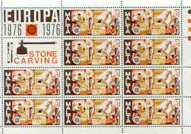 Malta 1976 Europa (Stone Carving) sheetlet of 10 plus 2 labels, unmounted mint as SG 563, stamps on europa, stamps on stone, stamps on masonics, stamps on crafts, stamps on masonry