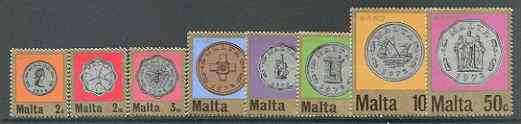 Malta 1972 Decimal Currency set of 8 unmounted mint, SG 467-74, stamps on , stamps on  stamps on coins, stamps on banking, stamps on money