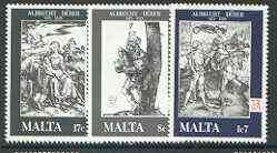 Malta 1978 Death Anniversary of Albrecht Durer set of 3 unmounted mint, SG 596-98*, stamps on arts, stamps on durer, stamps on bagpipes, stamps on renaissance, stamps on scots, stamps on scotland