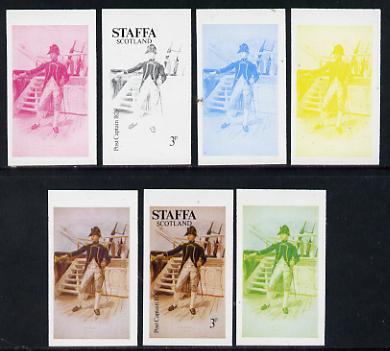 Staffa 1977 Sailors Uniforms 3p (Post Captain 1829) set of 7 imperf progressive colour proofs comprising the 4 individual colours plus 2, 3 and all 4-colour composites un..., stamps on explorers, stamps on ships, stamps on militaria, stamps on military uniforms
