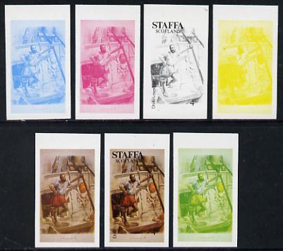 Staffa 1977 Sailor's' Uniforms 4p (Drake\D5s Men 1588) set of 7 imperf progressive colour proofs comprising the 4 individual colours plus 2, 3 and all 4-colour composites unmounted mint, stamps on explorers, stamps on ships, stamps on militaria, stamps on military uniforms, stamps on drake