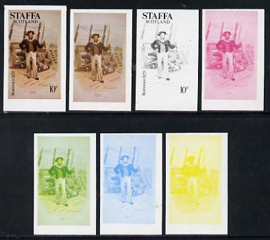 Staffa 1977 Sailors Uniforms 10p (Boatswain1829) set of 7 imperf progressive colour proofs comprising the 4 individual colours plus 2, 3 and all 4-colour composites unmou..., stamps on explorers, stamps on ships, stamps on militaria, stamps on military uniforms