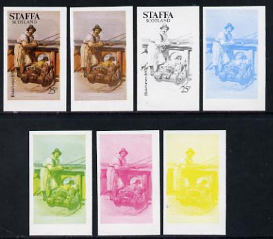 Staffa 1977 Sailor's' Uniforms 25p (Blake\D5s Men 1650) set of 7 imperf progressive colour proofs comprising the 4 individual colours plus 2, 3 and all 4-colour composites unmounted mint, stamps on explorers, stamps on ships, stamps on militaria, stamps on military uniforms