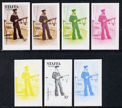 Staffa 1977 Sailors Uniforms 50p (Coastguardsman) set of 7 imperf progressive colour proofs comprising the 4 individual colours plus 2, 3 and all 4-colour composites unmo..., stamps on explorers, stamps on ships, stamps on militaria, stamps on military uniforms, stamps on rescue