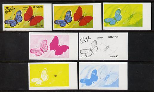 Dhufar 1977 Butterflies 2b (Heliconius Cyrbia & Cymothoe Sangaris) set of 7 imperf progressive colour proofs comprising the 4 individual colours plus 2, 3 and all 4-colour composites unmounted mint, stamps on butterflies