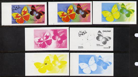 Dhufar 1977 Butterflies 3b (Catopsilia Aveiianeda & Pereute L) set of 7 imperf progressive colour proofs comprising the 4 individual colours plus 2, 3 and all 4-colour co..., stamps on butterflies