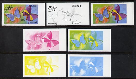Dhufar 1977 Butterflies 4b (Morpho Anaxibia & Anaea Panariste) set of 7 imperf progressive colour proofs comprising the 4 individual colours plus 2, 3 and all 4-colour composites unmounted mint, stamps on butterflies